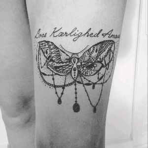Love tattoo on my thigh, the text means love in three languages #love #kærlighed #amour #butterfly
