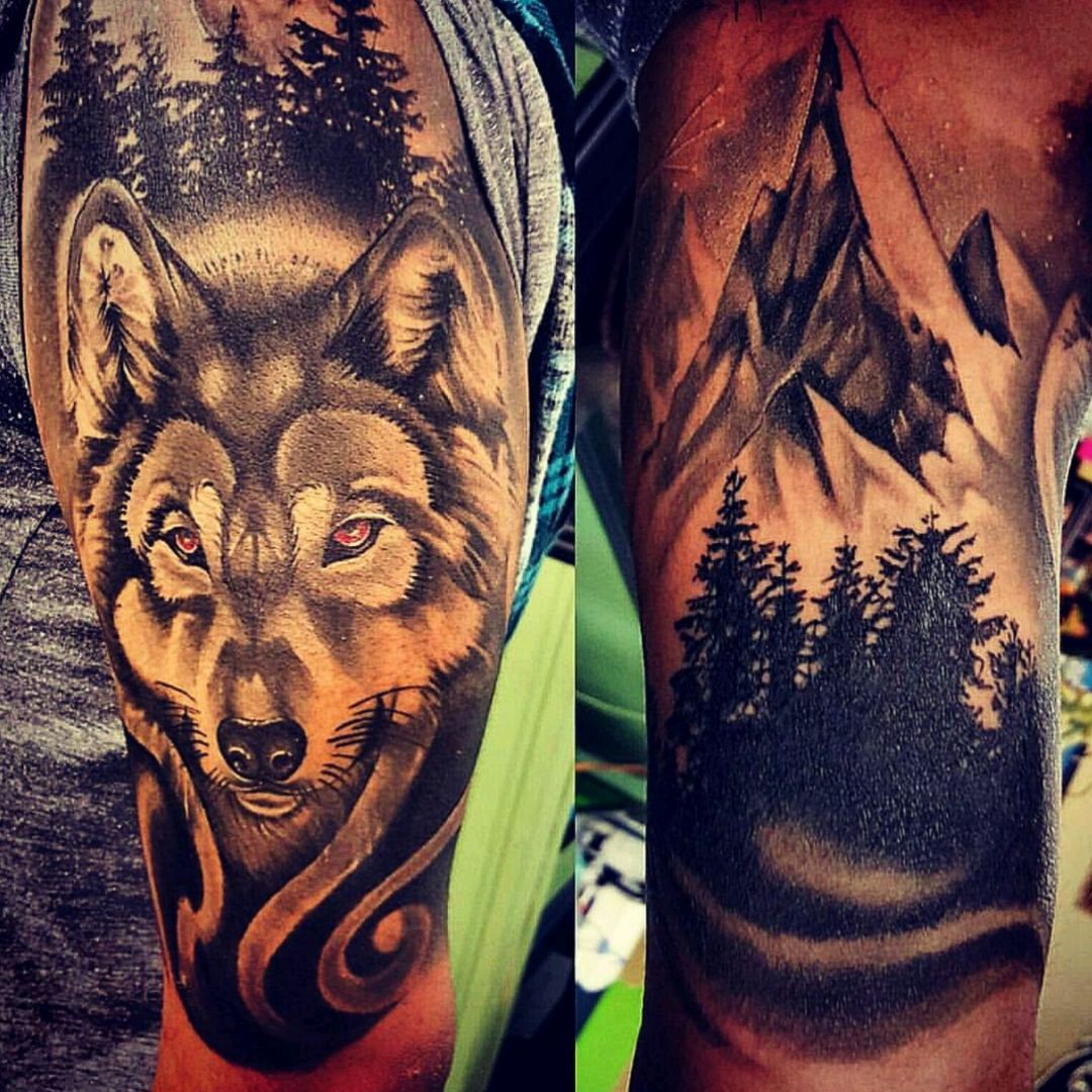 Unique half wolfhalf mountain chest tattoo  Tattoo contest  99designs