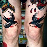 My two swallow just above my knee caps... I had these two tattoos to represent my two sisters , who I am very very close with ❣️❣️ Follow me on Instagram 1tombrennan Artist: @siho_tattooist shop: @inkholic #knee #kneetattoo #swallow #swallowtattoo #oldschool #oldschooltattoo #traditional #traditionaltattoo #family