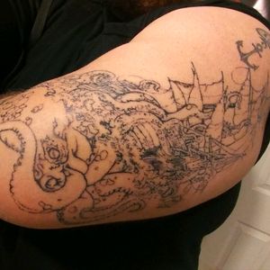 This tattoo has alot of meaning to me. The ship itself is me. The kracken is life, more so the bad parts of life. I have more to add to the top for the the good. But the just of it all is, no matter what happens... Ill float on.Its not done yet. More pics to come! :)