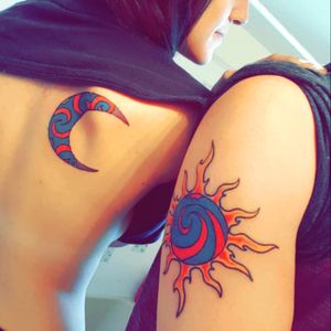 The first tattoo my boyfriend and I got together, and my first tattoo, I have the moon he has the sun