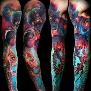 Beautiful piece done, artist unknown would love to know who did this piece. #spacesleeve #octopus #jellyfish #galaxy #oceansleeve #ocean