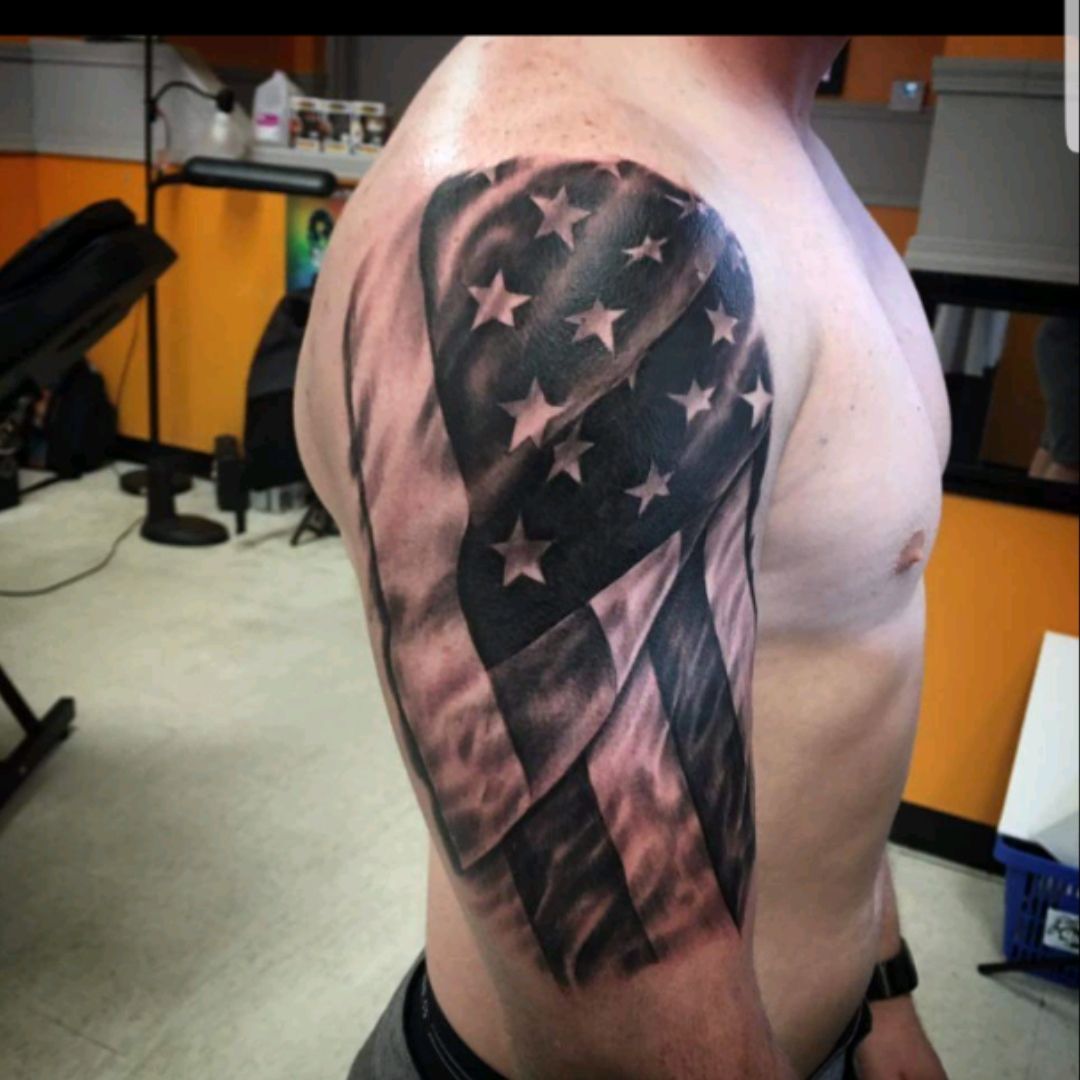 American flag upper back shoulder arm wrap  Flag tattoo American flag  tattoo Patriotic tattoos