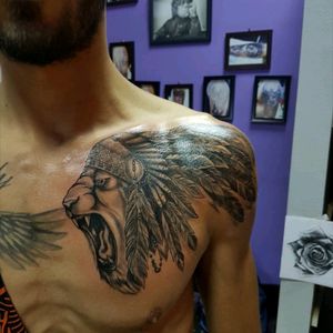 #Lion #animal #predator #native #american #tattoo #ink #chest