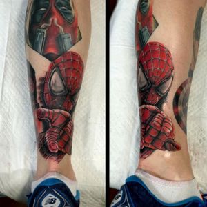 Spiderman by Mikey Lo at Boundless Tattoo Company. The fifth portrait on my Marvel leg sleeve since January.#MikeyLo #BoundlessTattooCompany #BTC #captainamerica #captainamericatattoo   #Deadpool #deadpooltattoo #spiderman #spidermantattoo #Avengers #AvenegersTattoo #xmen #XMenTattoo  #MarvelComics #MarvelTattoos #ComicTattoos #superhero  #SuperheroTattoos #LegSleeve