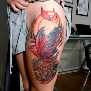 Phoenix tattoo in full color, really fun majestic piece. #phoenix #phoenixtattoo #color #flowers #birds #majestic #nature #notyouraveragegary