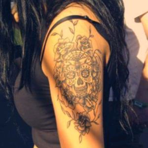 My tattoo design#tatt#startofsleeve#blacknwhite#sugarskull#roses