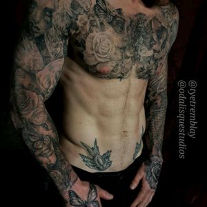 #sleeve #chest #hands #butterflies  #floral #roses #blackandgrey #realism Getting there, swallows not by Tye