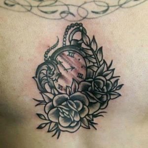 Pocket Watch and Flowers by tattooist Martin Fletcher - Lancaster