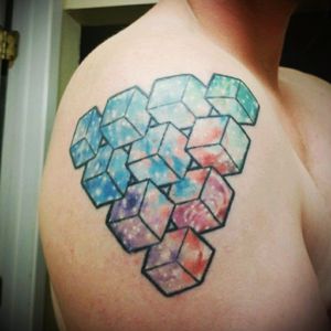 My first tattoo. A bit of trippy geometry and watercolor. #geometric #impossiblegeometry #impossible #geometry #watercolor #galaxy #tattoo #ericcantu #cantutatto #color #shoulder