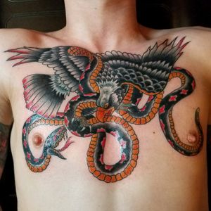 #chestpiece finished in 2 hours.  #eagle fighting #snake. #americantraditional #classictattoo #americanatattoo #boldwillhold #bestofdallas #DallasTattooShop #DallasTattooArtist #jhcgt #traditional