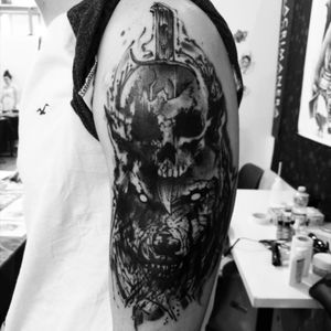 Tattoo by Riccardo Riccobono #Wolf #Skull #Knife #blackandgrey