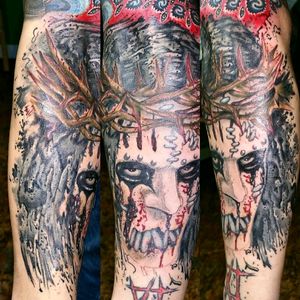 Watercolor tattoo of Joey Jordison's crown of thorns mask by Pat Masga