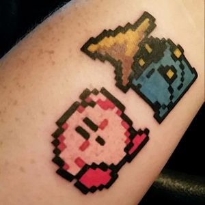 An 8-bit Kirby and Black Mage. My first tattoo and start of my sleeve. Done by Gail at Artistic Dimensions in Sumter, SC#8-bit #kirby #blackmage #firsttattoo #videogametattoos #finalfantasy #tattoo #myfirsttattoo #videogame #8bittattoo #forearm #forearmtattoo