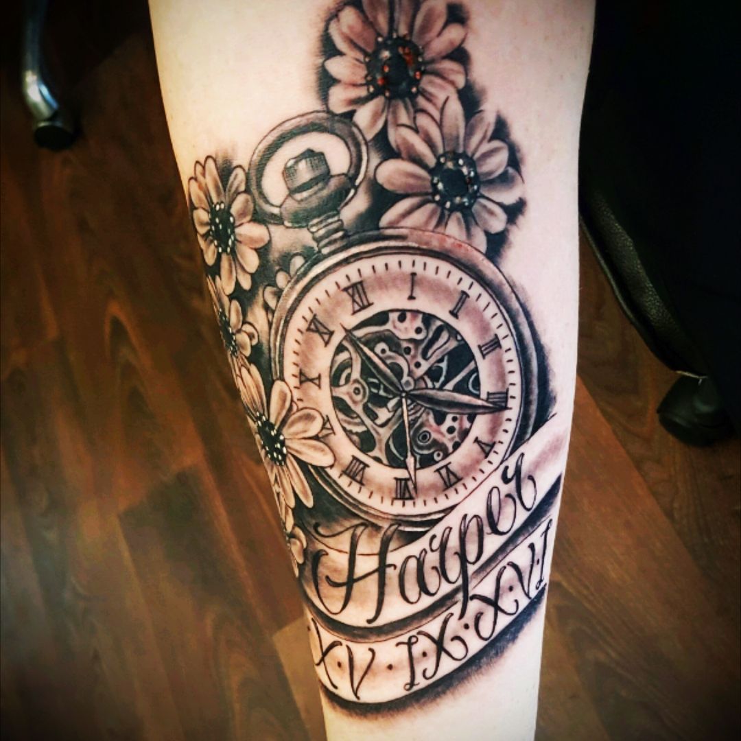 Tattoo Uploaded By Joe Loftus Piece I Got For My Daughter The Time She Was Born With Her Name And Date Of Birth Clock Time Birth Blackandgreytattoo Daughtersname Tattoodo