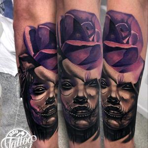 First part of my sleeve done. Trying something different with the colours. #firsttattoo #detailedrose #uniquestyle #purple #dayofthedeadtattoo