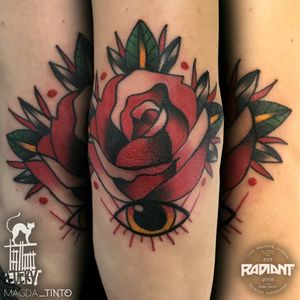 Rose and eye #traditional #tattoo #traditionaltattoo #oldschool #rose #rosetattoo #eye #eyetattoo #elbowtattoo #tychy #LuckyTattoo