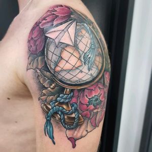 Mostly healed travel inspired piece. #travel #neotraditional #globe 