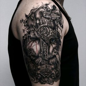 Tattoo art by Andrey Zelenev @zelenev36vrn from Napalm Tattoo Club Russia, Voronezh #upperarm #blackandgrey #Odin #viking #god #tattoo #tattoovrn #napalmtattoo