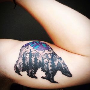 Bear I saw online but had changed to have the Northern Lights above it. Done by Jay at Big Easy Tattoo and Company in New Orleans. #Bear #Nature #Mountains #northernlights