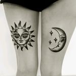 Traditional sun and moon on back of thigh #traditional #sunandmoon #blackandwhite #sun #moon