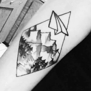#landscaping #dotwork #blackink #PaperAirplane #forearmtattoo #coverup