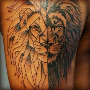 First serious tattoo and it's tough as hell#geometric  #realism #halfandhalf #liontattoo #lionhead