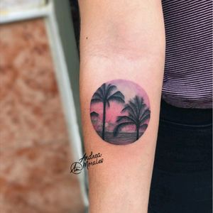 By #AndreaMorales #microtattoo #palmtree #sunset #beach #SummerVibes