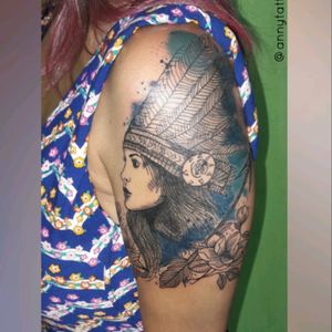 Watercolor Indian Woman Tattoo. #annytattoomanaus #watercolor #sketch #sketchtattoo #Indianwomantattoo #aquarelatattoo #TatuadorasDoBrasil #tatuadorademanaus