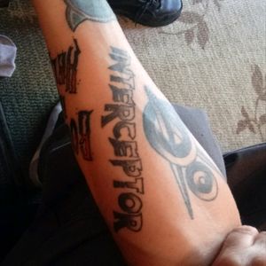 Gratitue to Zach Dimmer at All Tattoos in Strongsville I miss working with you cats. Zach did the interceptor to go with my V8 paying tribute to V8 Interceptor a Rock a billy band I played in back in the day.