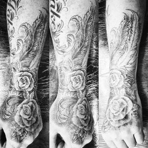 Rose and feather sleeve underway #rose #feather #tat #tatt #tattoo #tattooartist #ink #inklove #swag #dm #detail #swag #dm #cool #uk #kent #hernebay #england #instatattoo #nopain #nogain #blackwork #likemypic #blackandgreytattoo