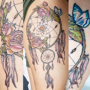 #dreamcatcher #rose #butterfly #colour #illustrative #thightattoo