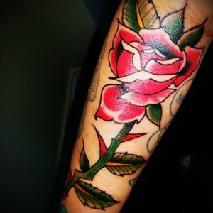Tattoo done at Seaport Tattoo in South Boston. #AmericanTraditional #rose #rosetattoo