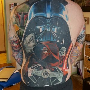 Star Wars bad guys backpiece.#realism #realistictattoo #tattoo #tattooart #portrait #starwars #darthvadertattoo #theforceawakens #stormtrooper #bobbafett