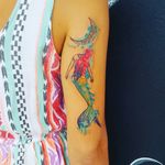 Watercolour mermaid for today. #watercolour #mermaidtattoo #crescentmoontattoo #backofthearm #dotworktattoo #originaldesign #customtattoo #magicaltattoo #ladytattooer #fantasytattoo #siren #splashy