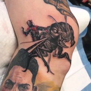 Ant Man and Antony added by Mikey Lo at Boundless Tattoos to my Marvel Leg Sleeve.  #comics #ComicTattoos #AntMan #antmantattoo #marvel #MarvelTattoo #legtattoo #legsleeve #kneetattoo