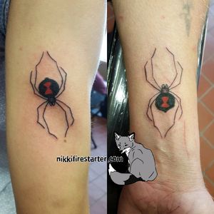 Matching black widows from our Friday the 13th special. http://nikkifirestarter.com#blackwidow #tattoos #spider #matchingtattoos #blackwidowtattoos #blackandred #ink #apprentice #apprenticetattoos #apprenticeartist #blackink #colorink #redink #twotone