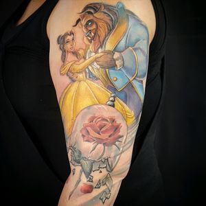 Beauty and the beast Disney tattoo ARTIST 👉 @alexandrerodrigues_t2 #disneytattoos #tattoooftheday #colorful #rose #redrose #glassbell #realism #realistictattoo