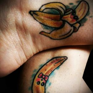 My boyfriend and I got matching bananas tattoos. Designed and inked by Rev at Tulsa Tattoo Company. Tulsa OK. Feb 2017 #bananas #coupletattoo #fruit #yellow #portlandia #twobananas #perfectbananadaquiri #cute