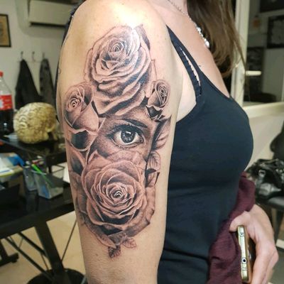 Black and gray rose and eyes tattoo By Thedoud #rose #rosetattoo #blackandgraytattoo