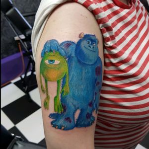 Did this custom Sully (without coat) and Mikey from Monsters Inc. #tattoo #newschool #monsterinc #disney #disneytattoo #mikey #sully #pixar #colour #phoenixblaze