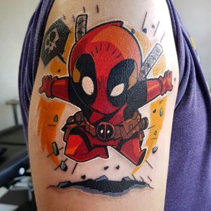 Another Deadpool I tattooed #phoenixblaze #deadpool #deadpooltattoo #newschool #newschooltattoo #marvel #marveltattoo #tattoooftheday #chibi #colourisbetter #colourtattoo #superhero #superherotattoo