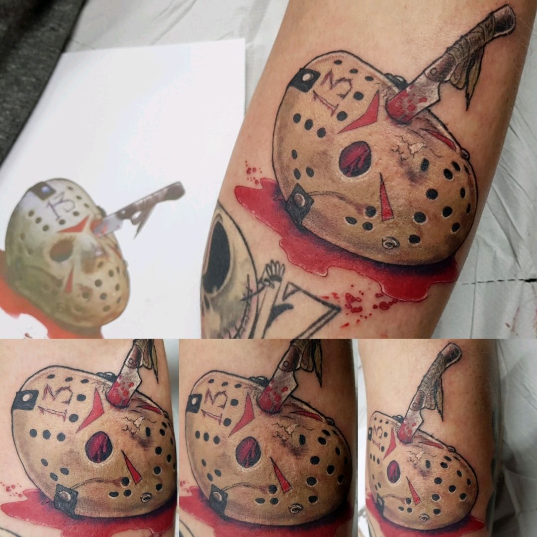 Jason Mask Halloween Tattoo On Shoulder 