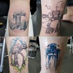 Star Wars family tattoos. R2 on mum and AT-ATs for her son and daughters! #starwars #starwarstattoo #familytattoos #R2D2 #r2d2tattoo #ATATwalker #ATATtattoo #watercolortattoo #blackwork #illustrativetattoo #illustrative #dotwork #pointilism