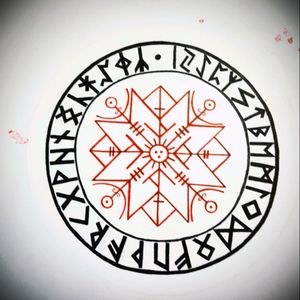 A Nordic style tattoo design featuring a sigil for protection in the center and runes symbolizing most of the Nordic gods in a circle surrounding the sigil. I plan to make this my next tattoo.