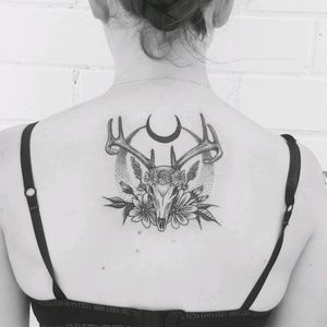 I love doing nature inspired tattoos. This magical design was one of my favorites.  #stagskull #deertattoo #wildflowers #dotworktattoo #crescentmoon #naturetattoo #wild #magicalanimal #wiccan #customtattoo #blackworktattoo