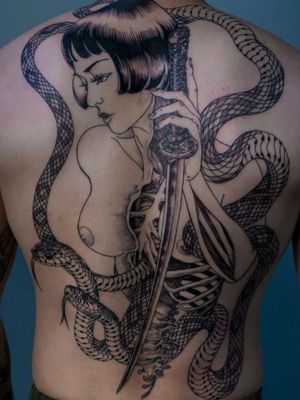 Snake woman by oozy_tattoo#blackwork #snake #woman #katana #insase