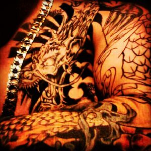 Dragon & Koi Sleeve ! The Koi on my forearm is fully colored, still need color on chest and upper arm