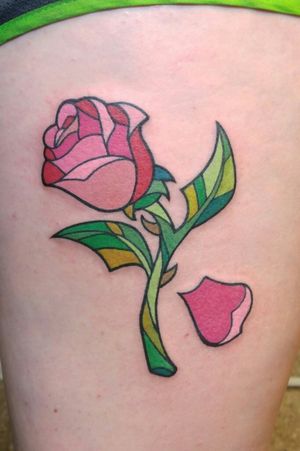 #beautyandthebeast #rose from the #stainedglasswindow on Cindy's thigh is her #firsttattoo 