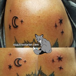 Moon and stars from our Friday the 13th special! http://nikkifirestarter.com#moon #stars #moonandstars #tattoos #startattoos #moontattoos #blacktattoos #graphictattoos #graphicdesign #apprentice #apprenticetattoos #apprenticeartist #tattooapprentice 
